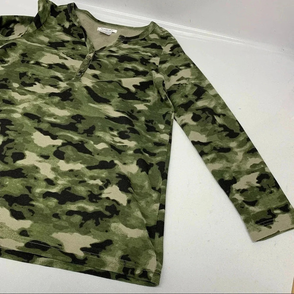 Woman Camo Henley Shirt Medium Waffle Knit‎ Long Sleeve Green V Neck Stretch - Picture 6 of 9